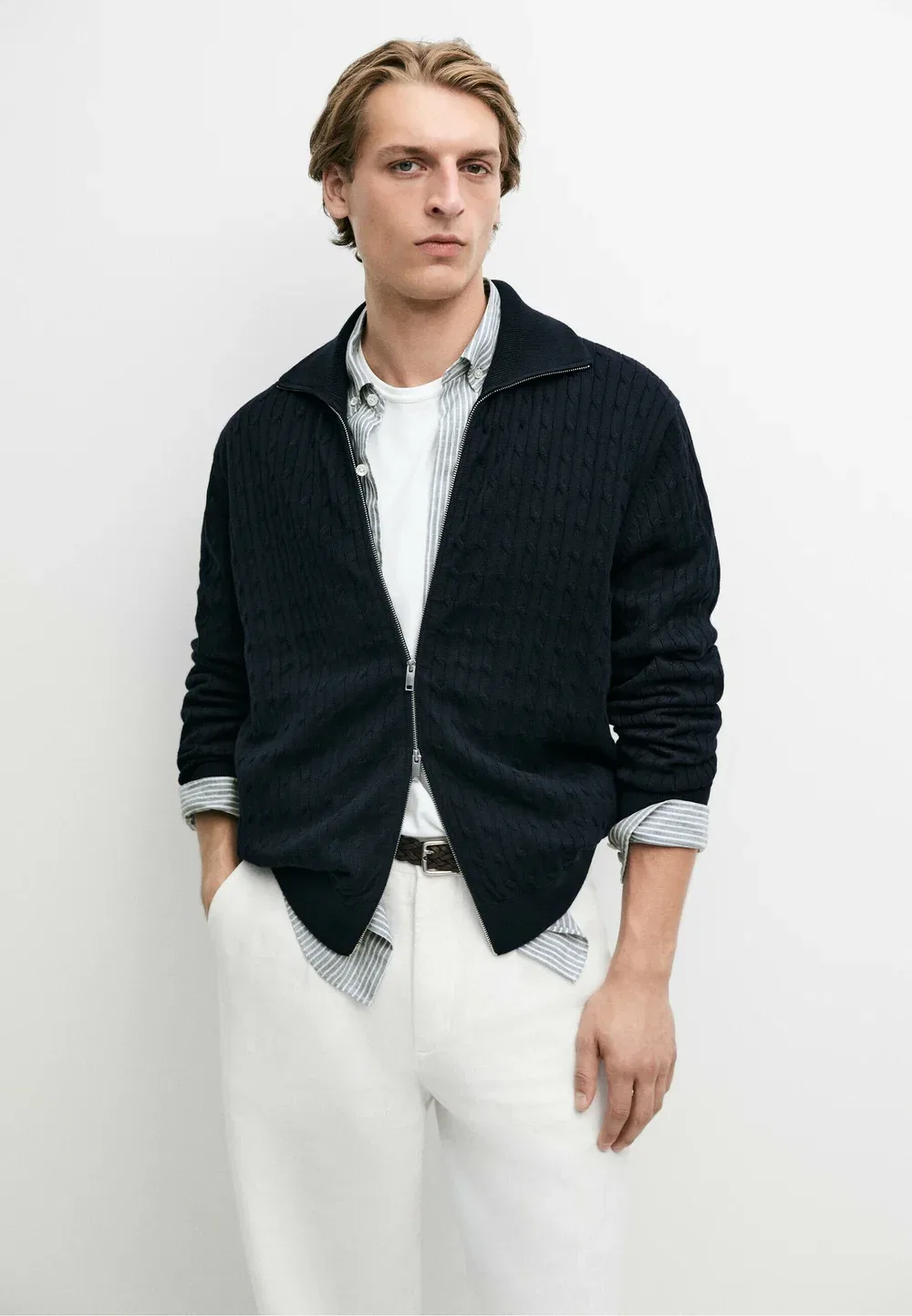 Кардиган из 100% хлопка, плетеный Massimo Dutti, Mottled Dark Blue