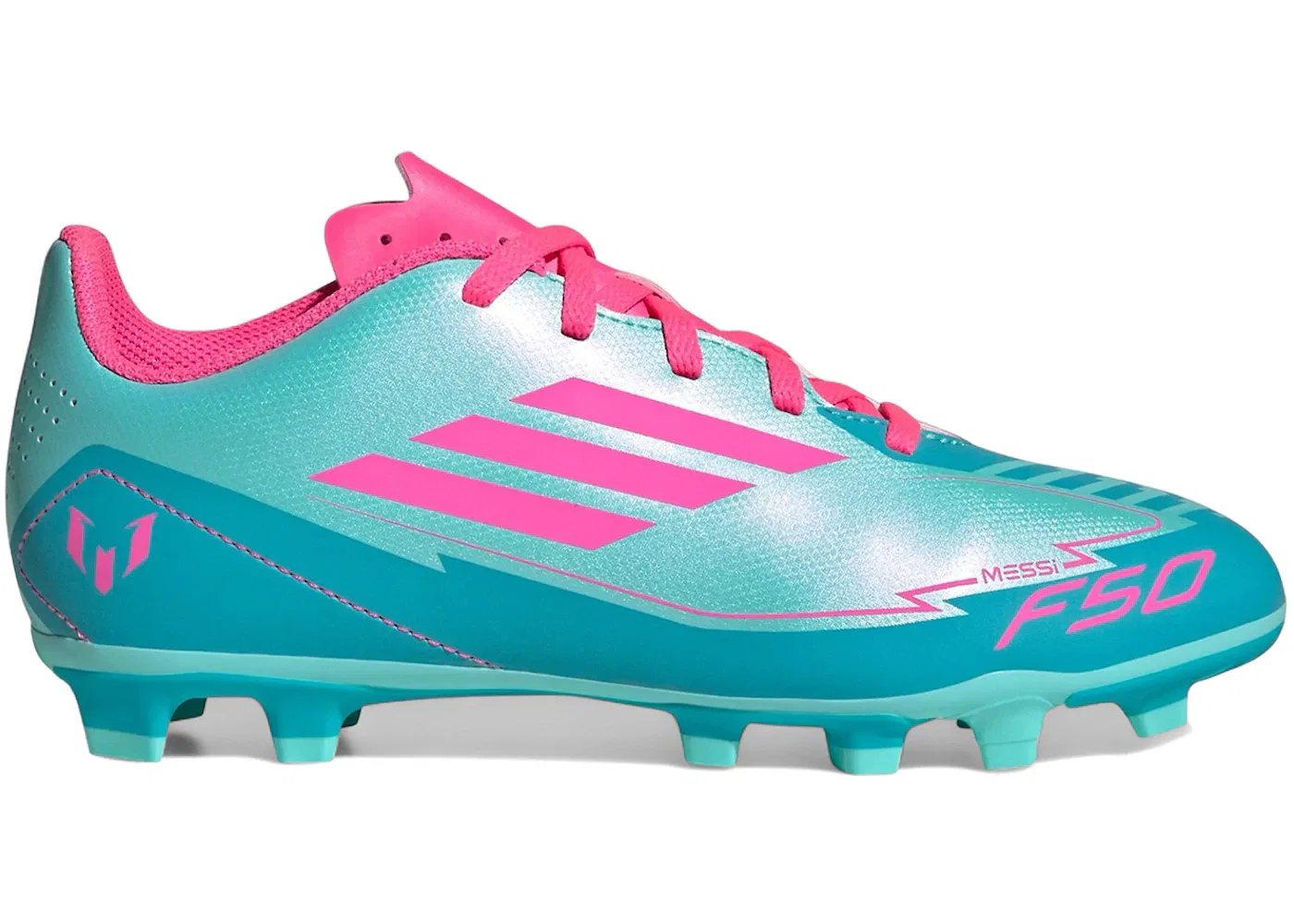 Детские бутсы с шипами FG/MG Adidas F50 Club FG/MG Messi Miami, Flash Aqua Lucid Pink Lucid Cyan