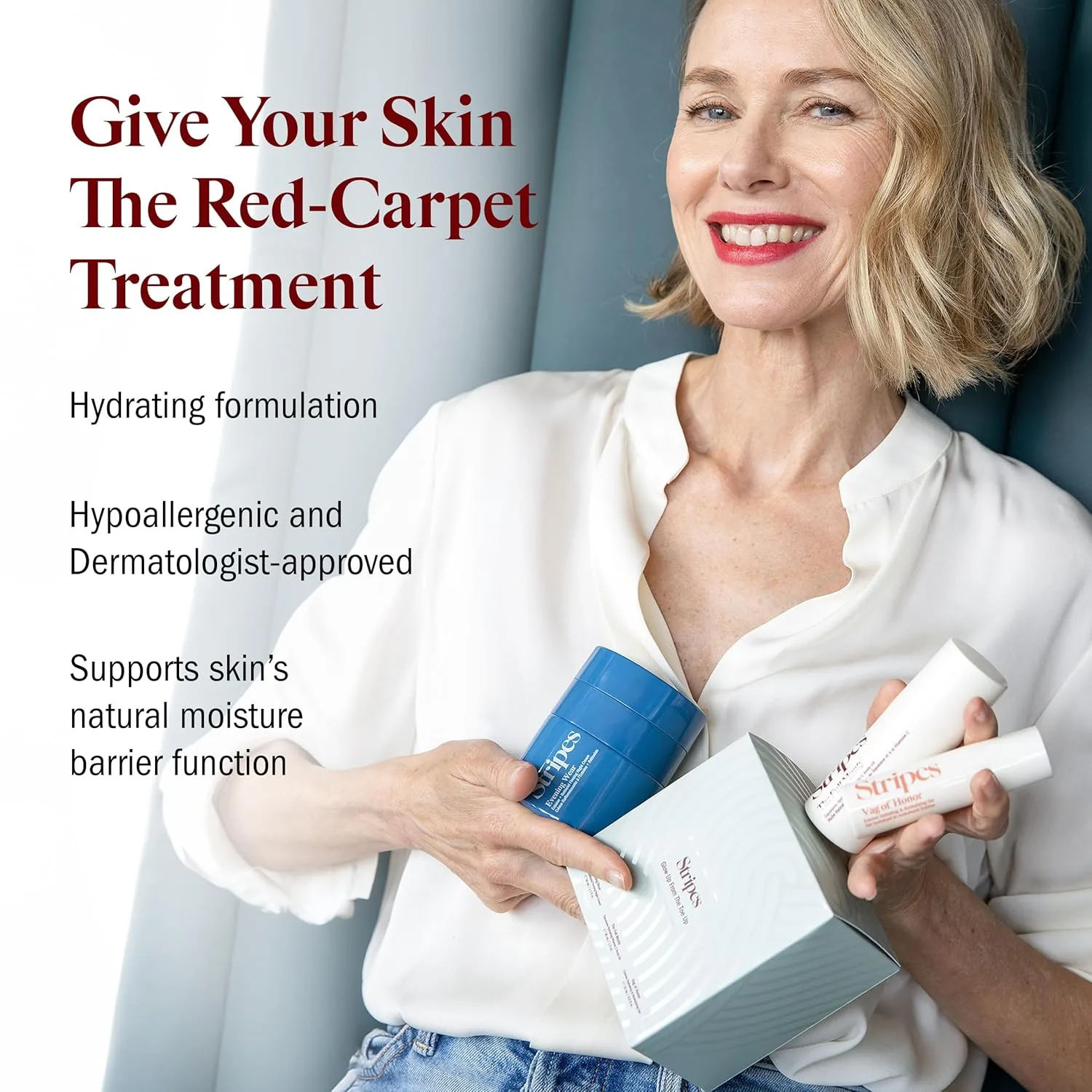 Stripes Beauty Naomi Watts Glow Up The Toe Up Holiday Gift Set: полноразмерный ночной крем с мягким ретиноидом, дорожный размер увлажняющего масла для тела, успокаивающий гель для интимной зоны. — фото 3