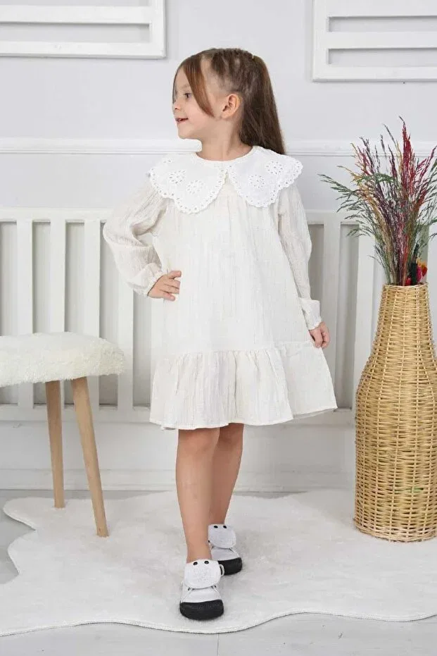 Детское платье для девочек хлопковое Basics Girl'S collar lace detailed dress Canan Çakmak, White