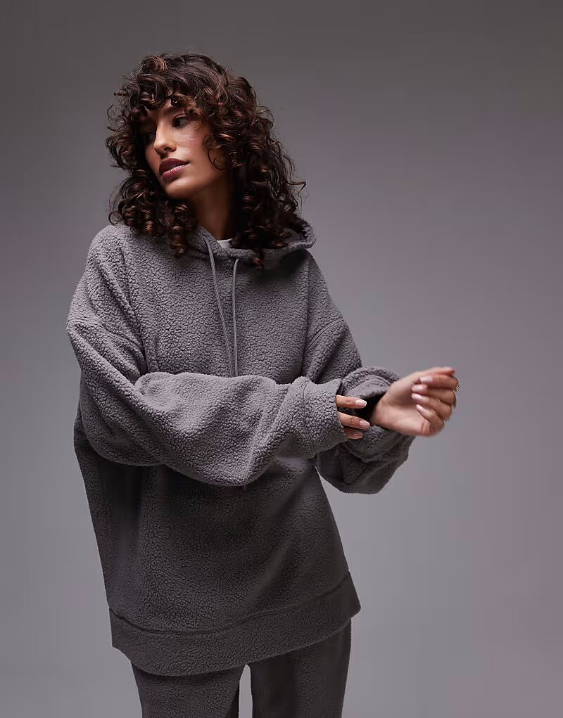 

Толстовка с капюшоном Topshop co-ord oversize из искусственного меха цвета сланца
