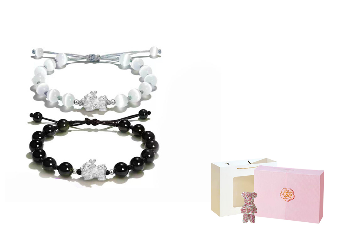 

Браслеты из клубничного кварца и обсидиана unisex West Island, Couple Bracelet + Flower Gift Box