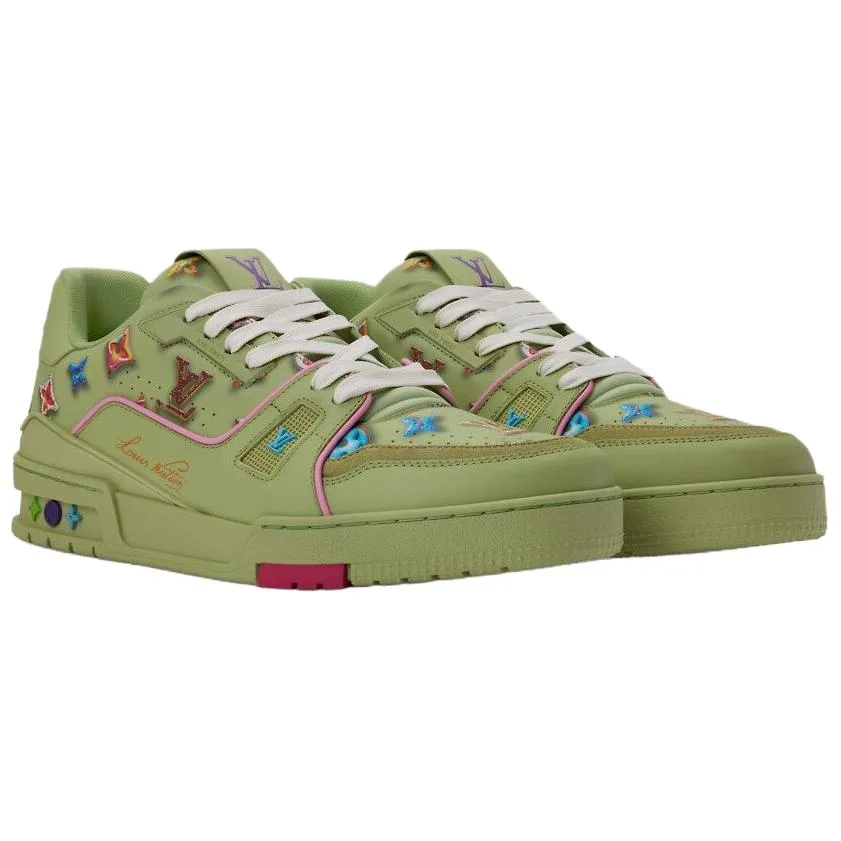 LOUIS VUITTON Кроссовки Donut Cow Leather Low top Skateboard мужские зеленые — фото 4