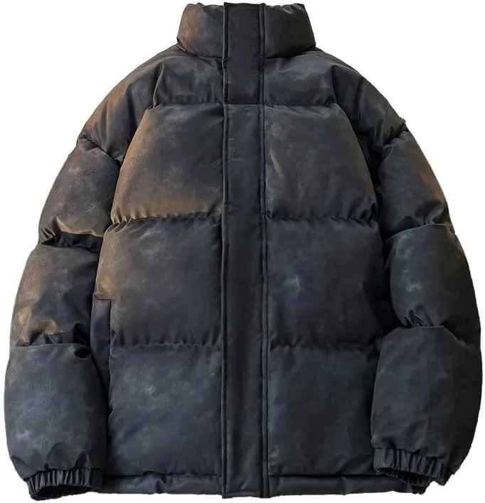 Пуховик мужской Pu Puffer Jackets с полной застежкой-молнией, стойкой и стеганым утеплителем из пуха, теплая зимняя куртка Plus Size с карманами Generic, черный