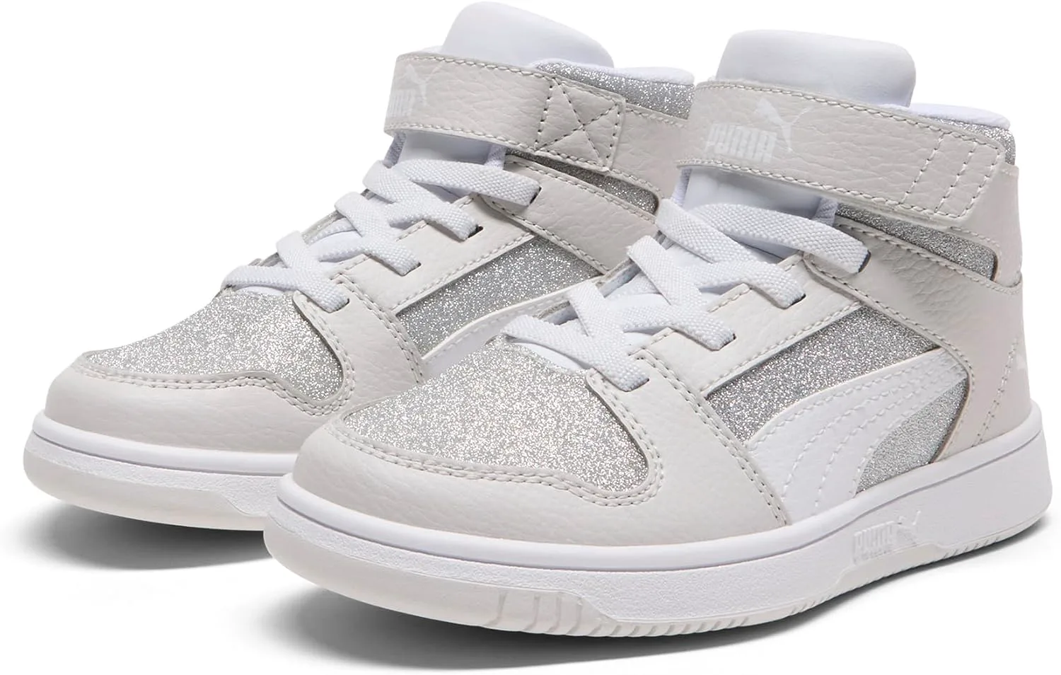 Кроссовки PUMA для детей Rebound Layup Mid на липучках, серый/белый/серебристый — фото 3