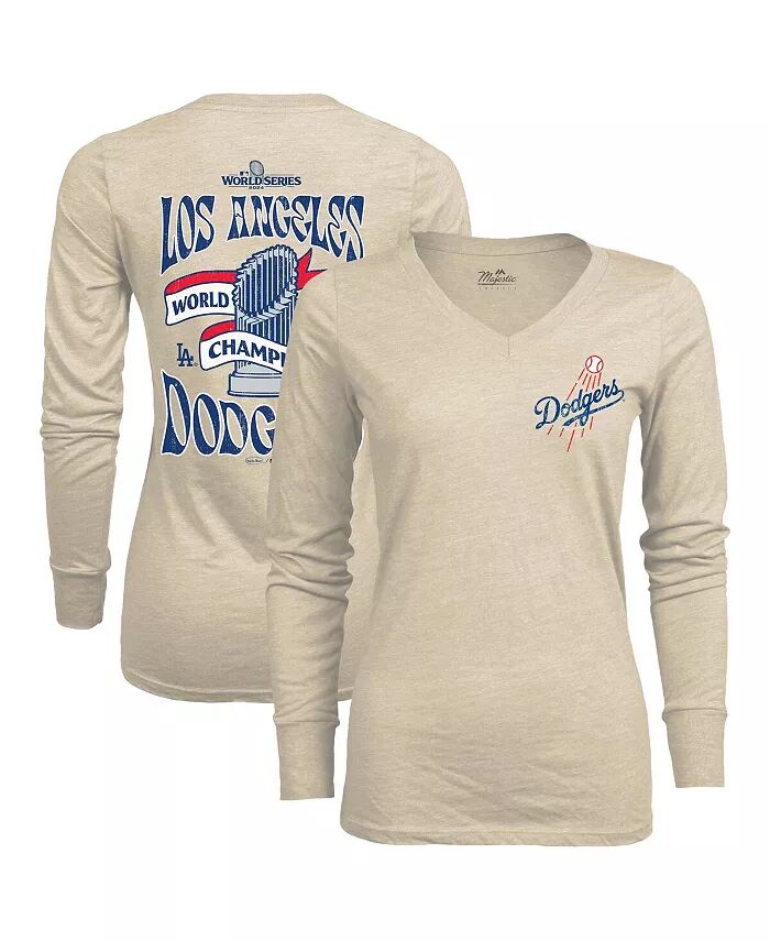 

Женская футболка Oatmeal Los Angeles Dodgers 2024 World Series Champions Tri-Blend с длинным рукавом и V-образным вырезом Majestic