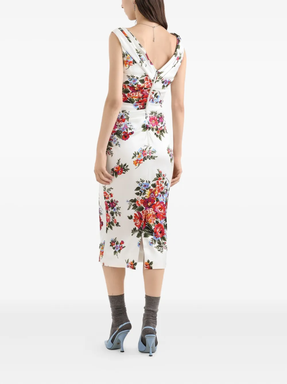 Платье с v-образным вырезом и цветочным принтом DOLCE & GABBANA, белый — фото 3