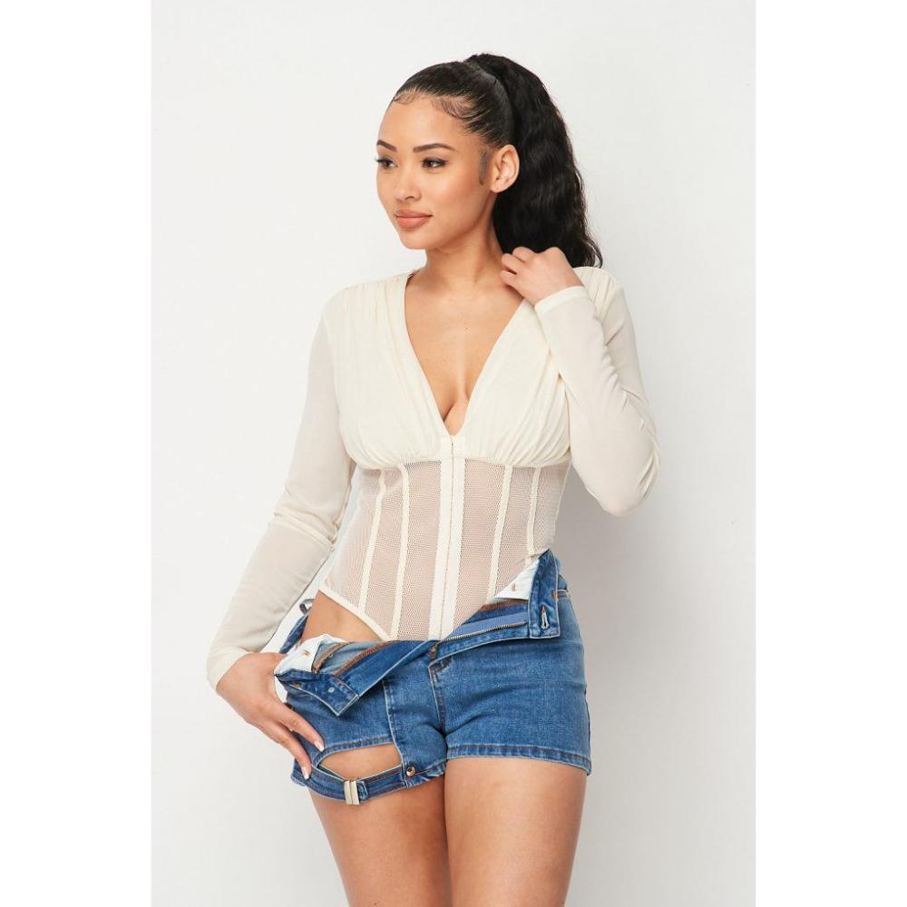 

Рыболовная сетка прозрачная сетчатая спинка глубокий вырез горловицы боди TRUEDAMES, кремовый