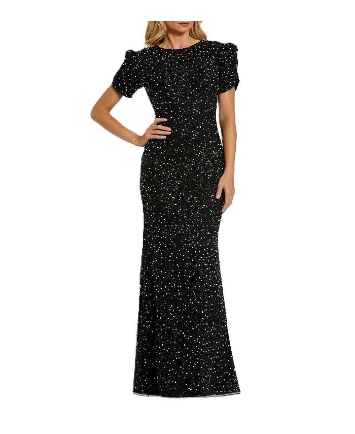 

Платье Mac Duggal со сборками и короткими рукавами, расшитое бисером, черный