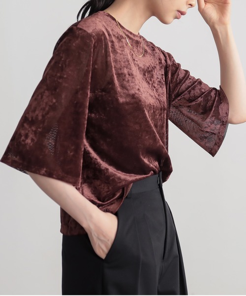 

Топ летний из тюля и велюра с короткими рукавами For/c, коричневый