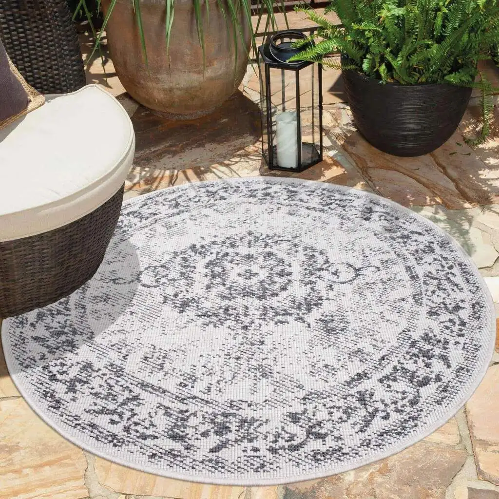 

Ковер Carpet City для улицы "DUO RUG 5577", круглый, двусторонний ковер, устойчивый к атмосферным воздействиям внутри и снаружи, на балконе, террасе, в гостиной Ø 120 см, серый