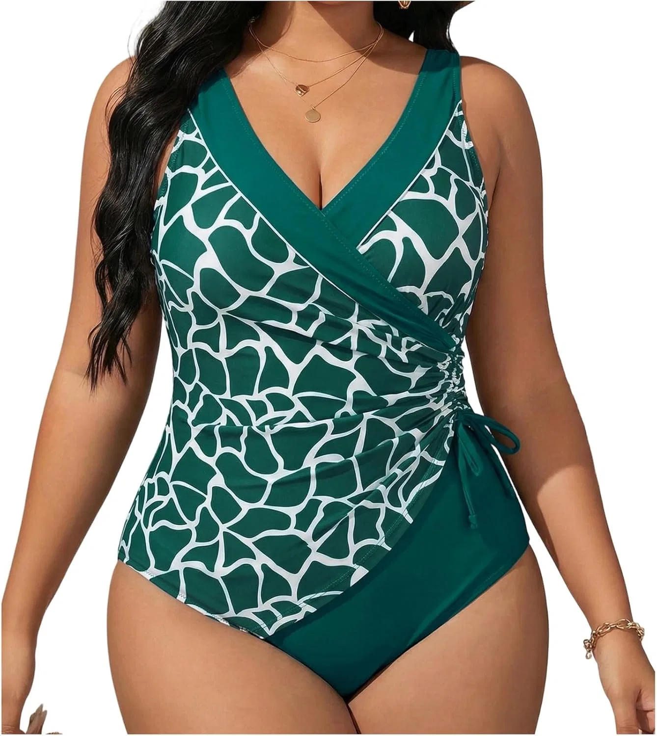 Купальник цельный Plus Size с перекрестным верхом, V-образным вырезом и низкой спинкой для тропического отдыха на пляже Generic, зеленый
