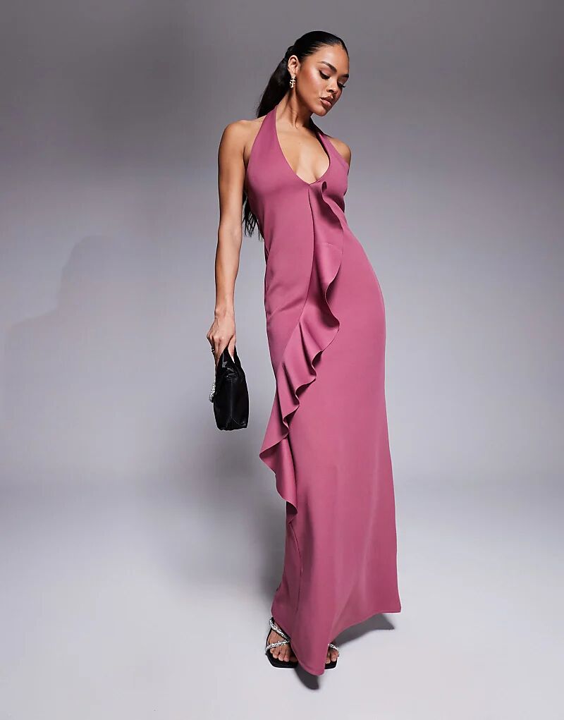 

Платье макси ASOS DESIGN с глубоким вырезом и оборкой спереди из шелковицы, выполненное из ткани в стиле «скуба»