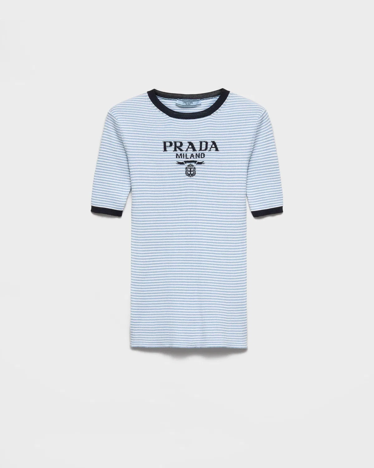 Шелковый свитер в полоску с круглым вырезом Prada, голубой