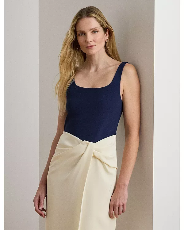 Двухцветное платье без рукавов из ткани «оттоманка» и крепа Ralph Lauren, Cream — фото 2