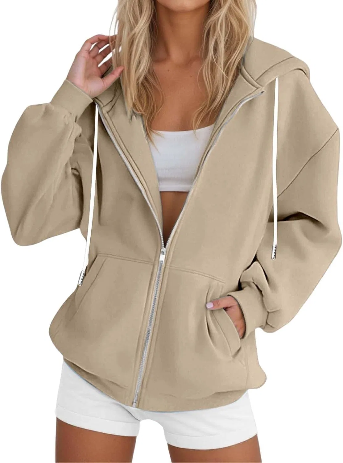 Женская толстовка оверсайз с капюшоном на молнии, Generic, Beige 2 — фото 2