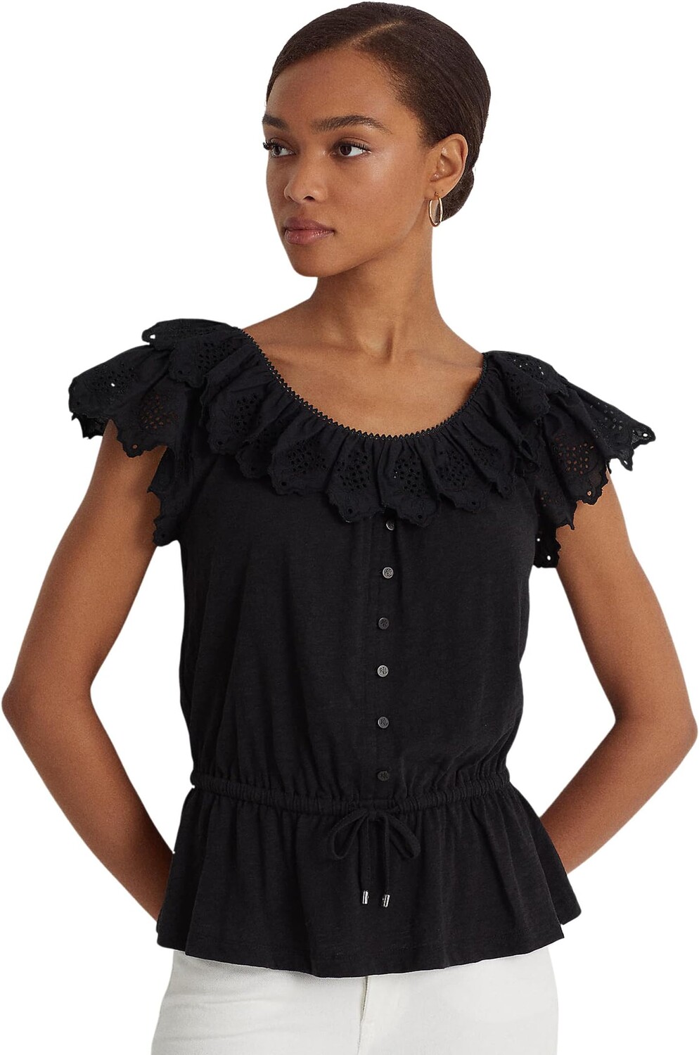 

Топ LAUREN Ralph Lauren Eyelet Jersey Peplum Top, черный