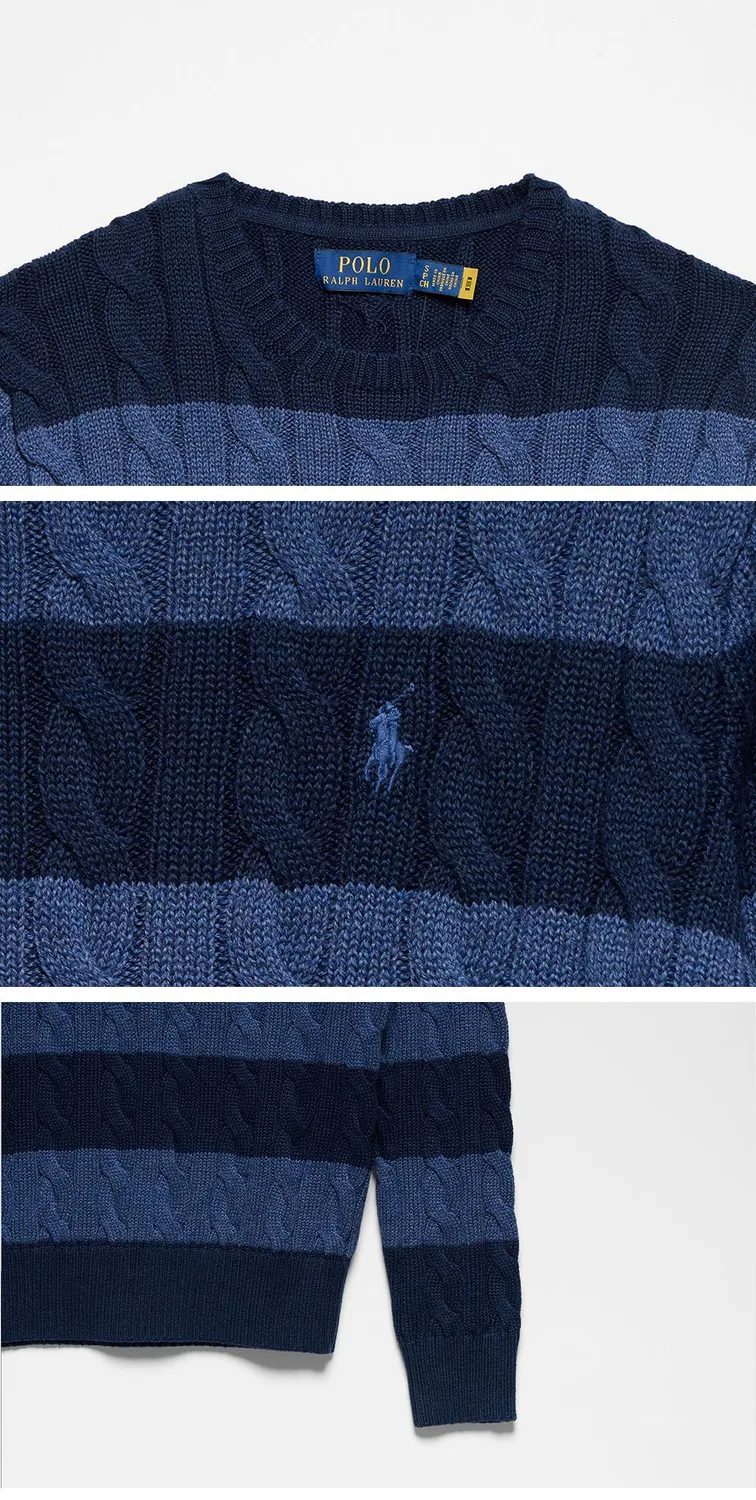 Мужской хлопковый свитер в полоску с узором косичка синего цвета от Polo Ralph Lauren — фото 4