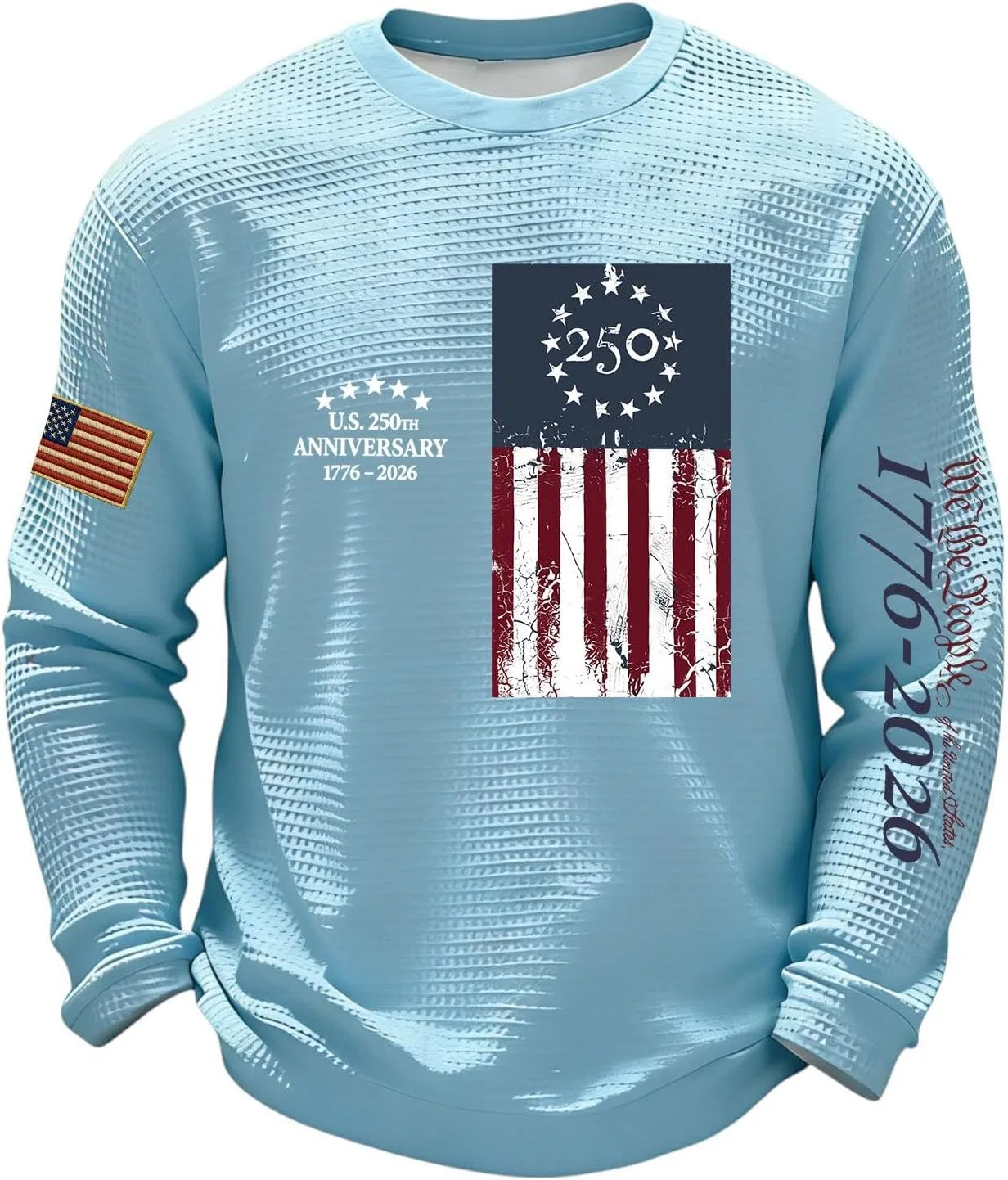 Футболка с длинным рукавом, американский флаг, вафельная вязка, 2-light Blue