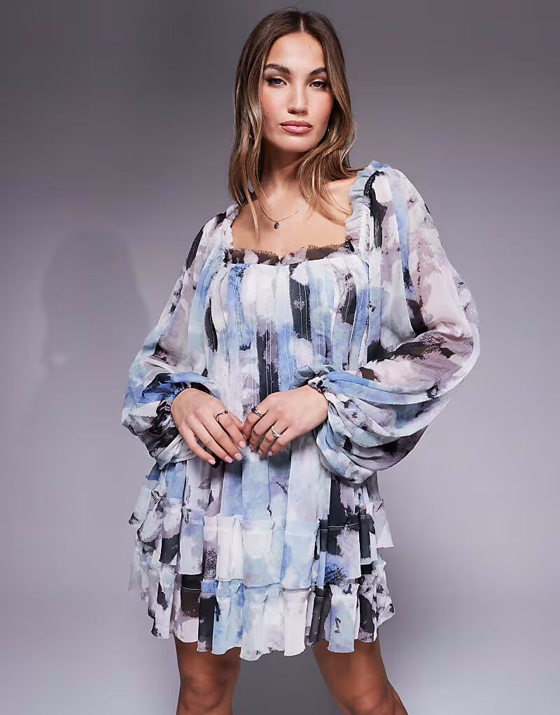 

ASOS DESIGN мини-платье с рукавами-блузоном, абстрактным принтом, вставками и необработанными краями