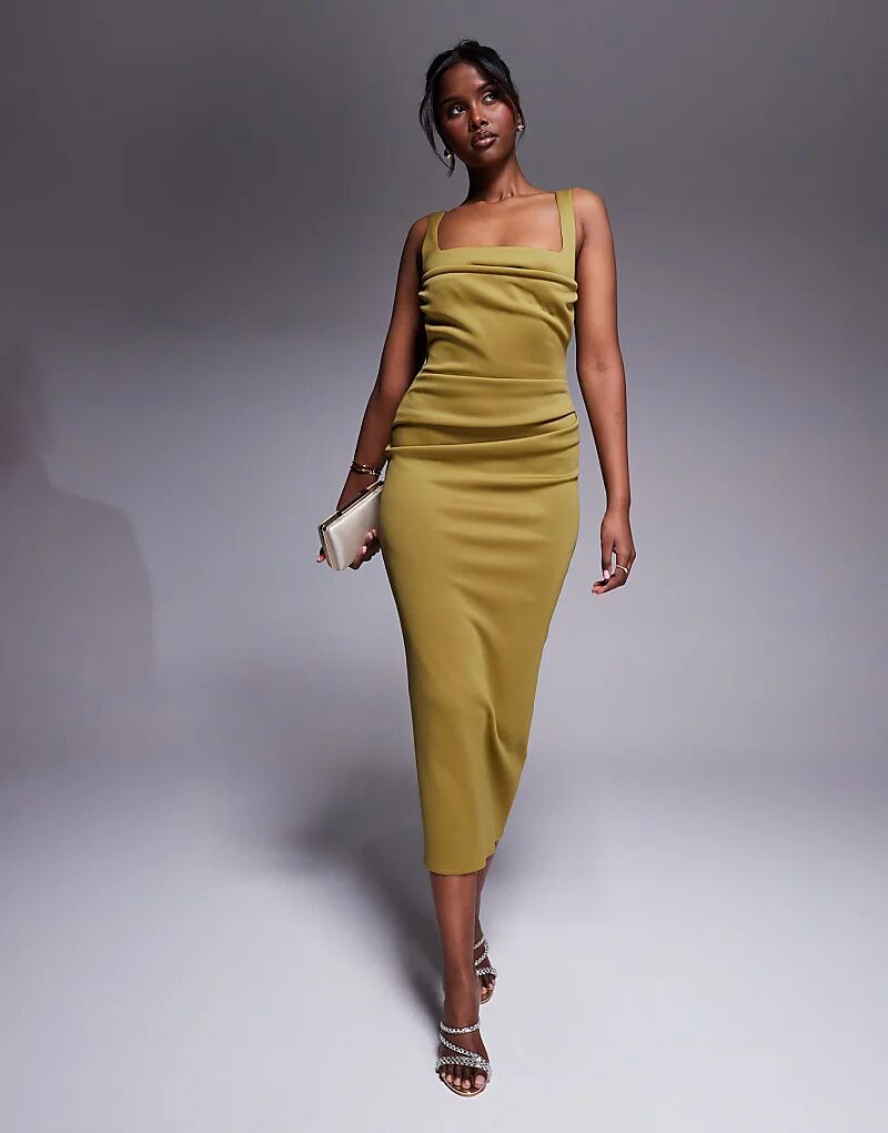 

Платье миди ASOS DESIGN с закругленным вырезом и разрезом бронзового цвета из ткани в стиле «скуба»