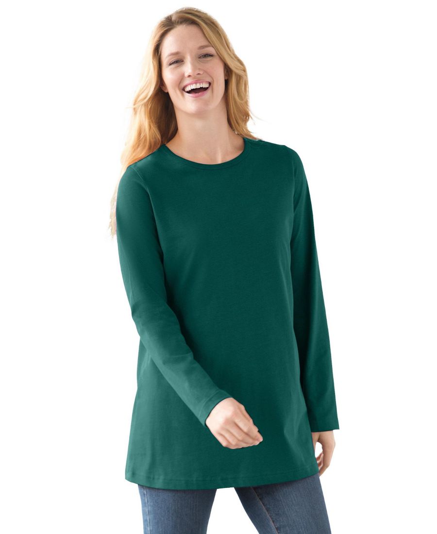 

Футболка с длинными рукавами и круглым вырезом идеального размера для полных женщин Woman Within, Emerald green, Зеленый, Футболка с длинными рукавами и круглым вырезом идеального размера для полных женщин Woman Within, Emerald green