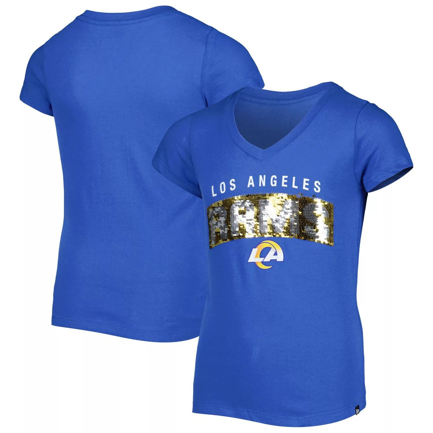 

Молодежная футболка New Era Royal Los Angeles Rams для девочек с v-образным вырезом и надписью с пайетками New Era