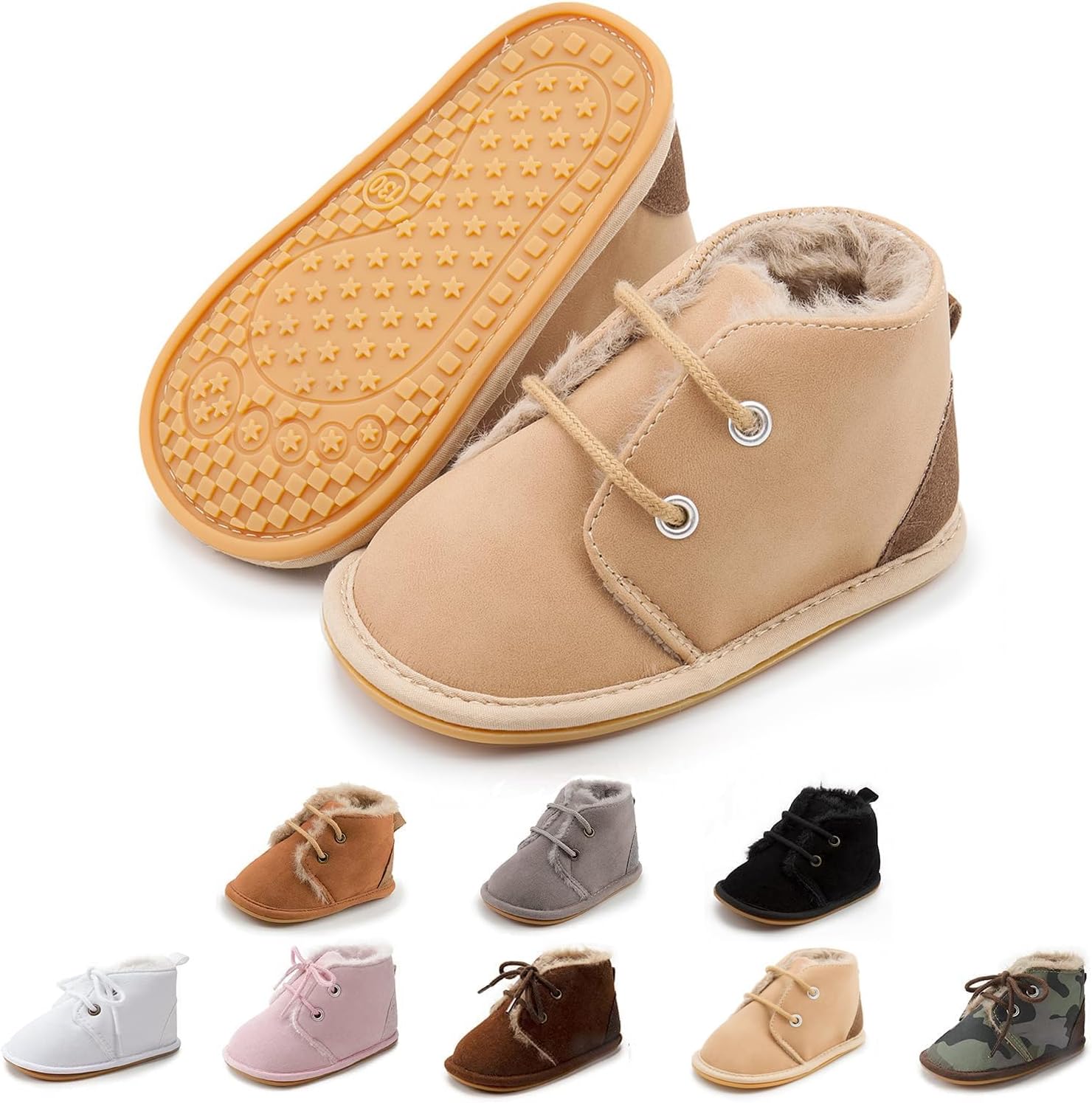 

Детские универсальные теплые зимние ботинки для новорожденных, кожаные, с мехом, на шнуровке, с противоскользящей резиновой подошвой, первые шаги, зимние башмачки для малышей Zoolar, A2 Khaki