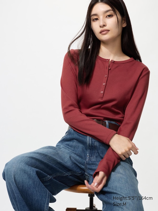 

Рифленая футболка хенли с длинным рукавом Uniqlo, 17 red, Красный, Рифленая футболка хенли с длинным рукавом Uniqlo, 17 red