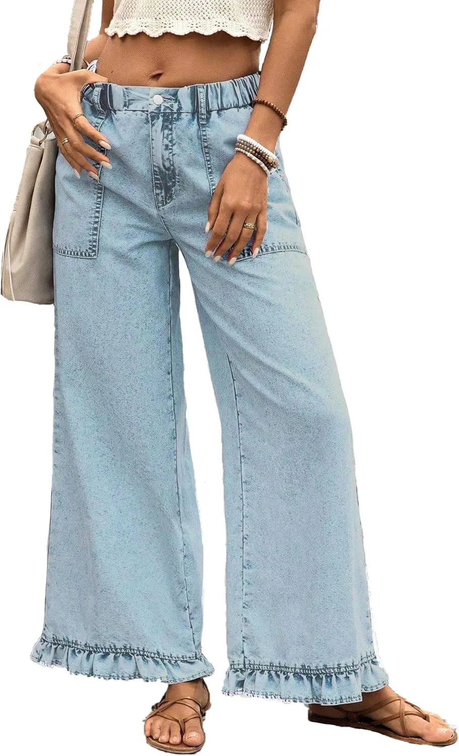 

Женские джинсы-палаццо Plus Size, светлый синий, с эластичным поясом Vaimti