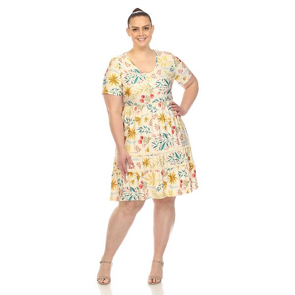 

Женское платье с цветочным принтом, короткий рукав, длина до колена, plus size Wm Fashion, Beige