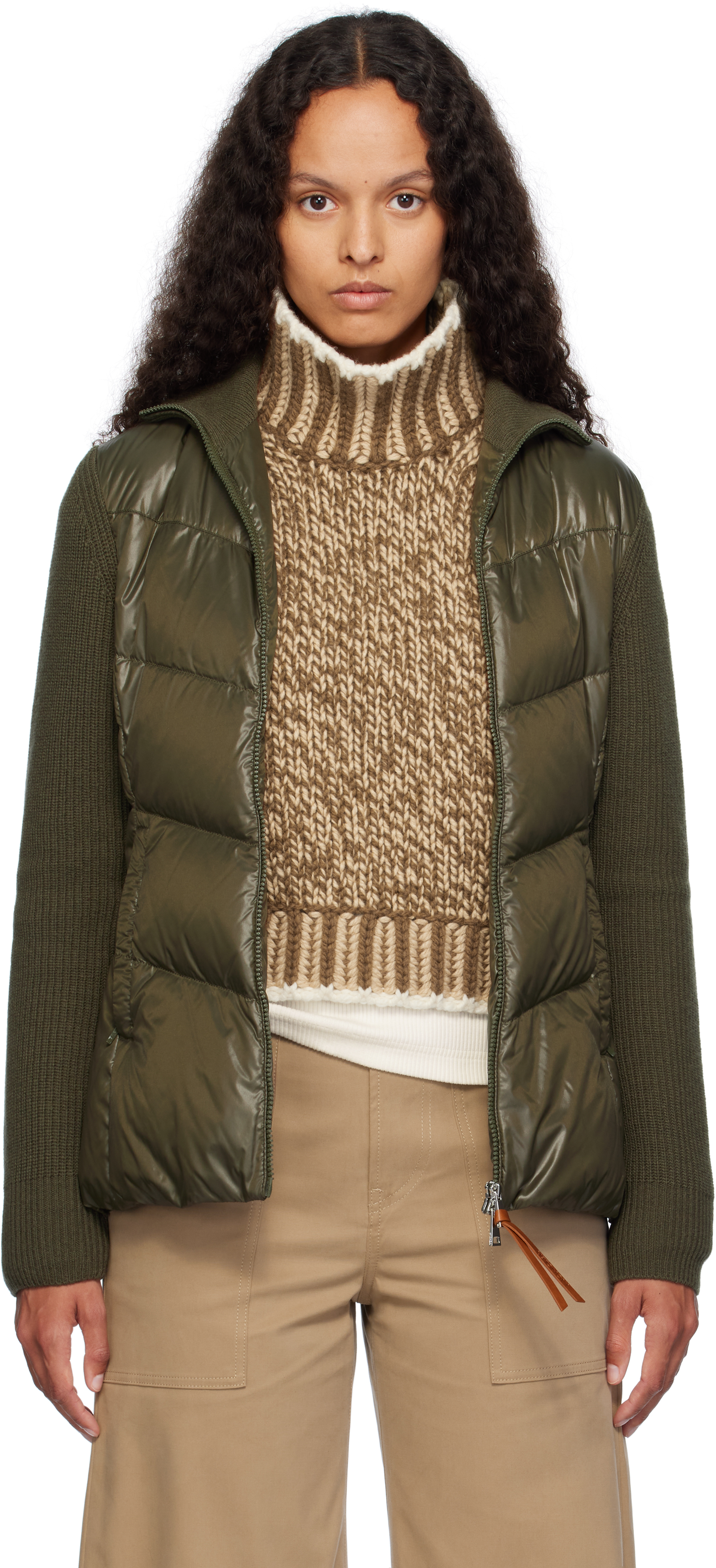 

Утепленный шерстяной кардиган цвета хаки на молнии Moncler