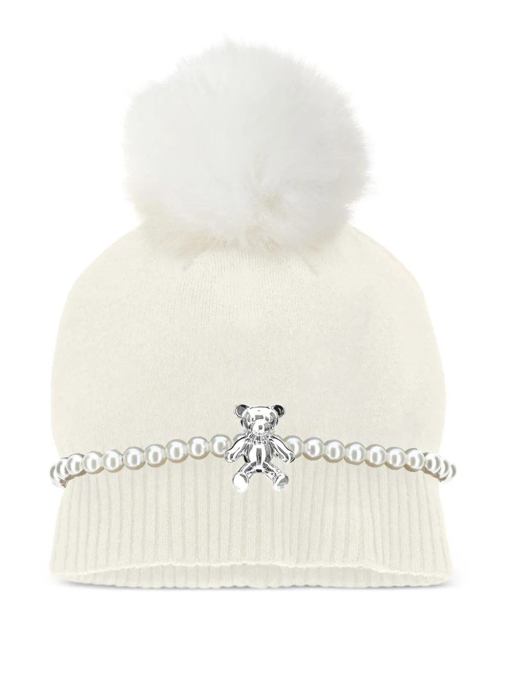 

Шапка бини с помпоном и искусственным жемчугом Monnalisa, белый