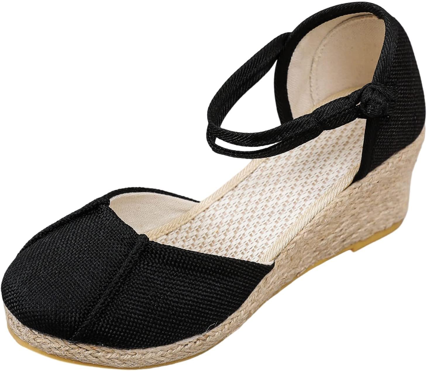 

Женские эспадрильи на платформе с танкеткой, с ремешком на щиколотке, низкий каблук, лето 2025, закрытый носок, дышащие эспадрильи, удобные свадебные и нарядные сандалии Generic, черный