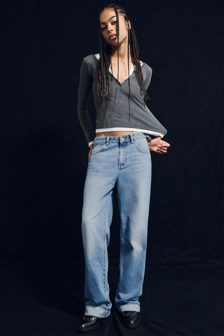 

Прямые мешковатые джинсы с отворотами Pull And Bear, синий