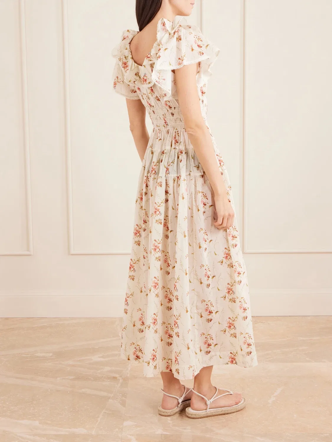 Платье из органического хлопка с цветочным принтом, присборенное, с кружевной отделкой Illiana DÔEN, мультицвет — фото 3