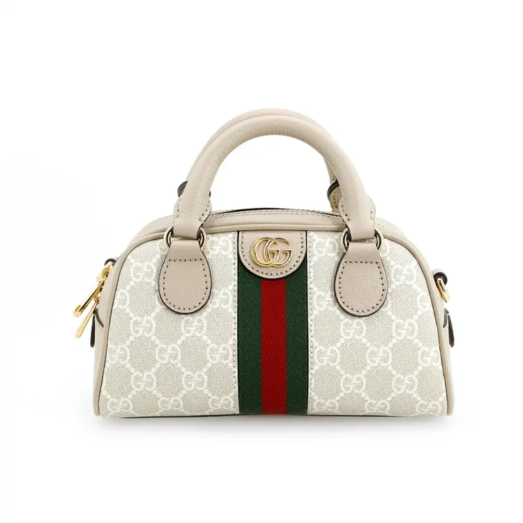 Женская мини-сумка кросс-боди GUCCI Ophidia из канваса с кожаной отделкой, бежевая — фото 2