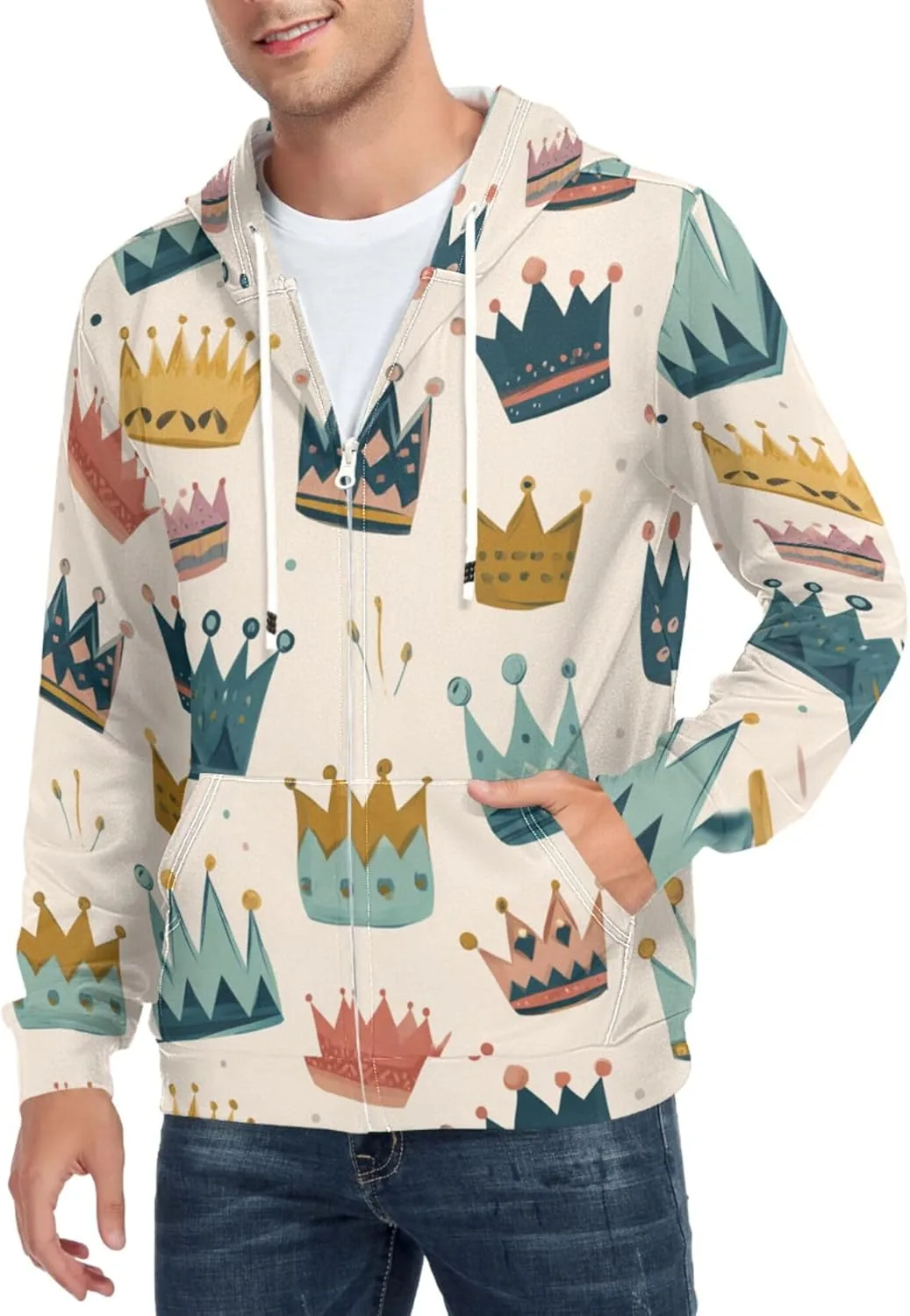 

Мужская толстовка с капюшоном на молнии, с принтом Cartoon Crown и карманом CUPADA