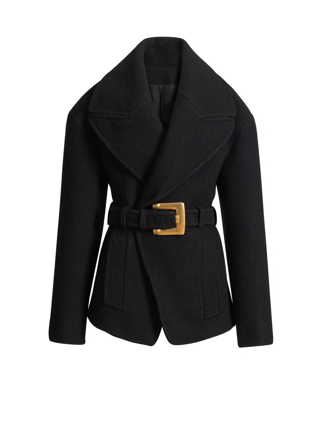 Шерстяное бушлатное пальто с поясом Balmain, черный