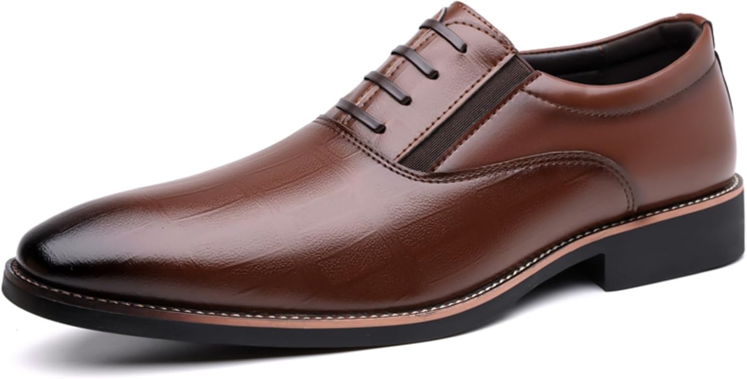 

Мужские модные кожаные туфли с шнуровкой, эластичной вставкой, оксфорды с острым носком, низкие, нескользящие, повседневные, для свадьбы, работы, офиса, бизнес-мероприятий Qwuieoin, коричневый