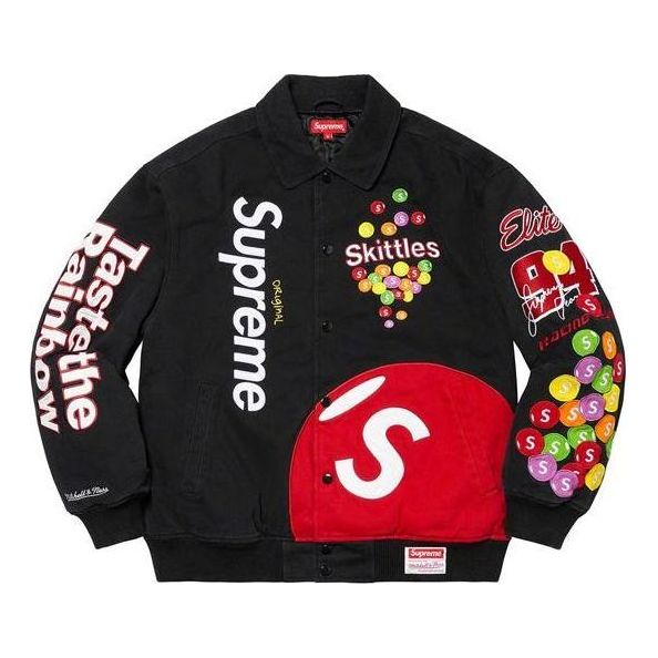 

Куртка x skittles x mitchell & ness varsity jacket 'black multi-color' Supreme, черный