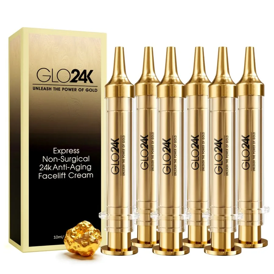 GLO24K Крем для мгновенной подтяжки лица с 24-каратным золотом, гиалуроновой кислотой, пептидами и витаминами. Упаковка из 6 штук