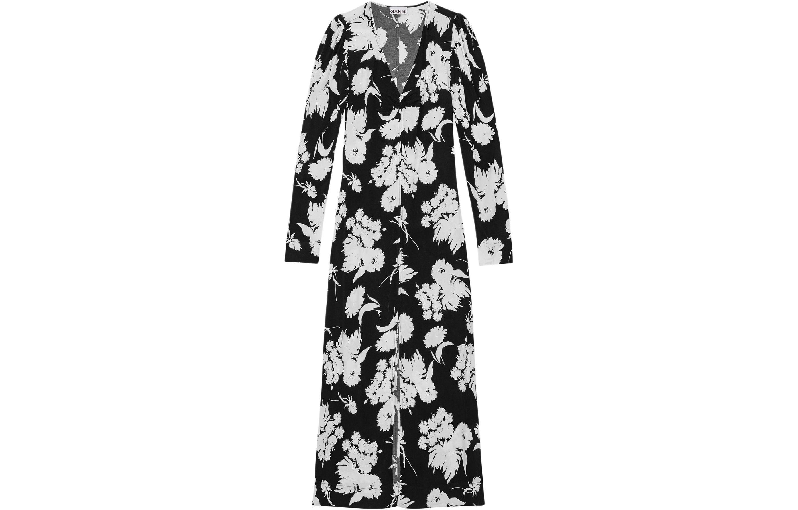 

Платье миди с v-образным вырезом и цветочным принтом GANNI, черный