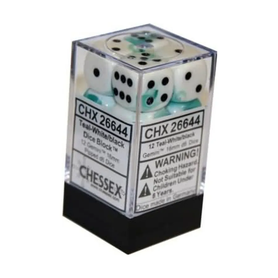 

d6 16 мм Бирюзово-белый с черным (12), Dice - Gemini - d6 16mm (Chessex)