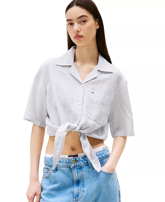 

Женская рубашка из хлопка и льна с коротким рукавом Tommy Jeans, мультиколор