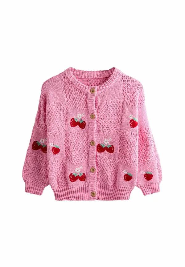 Кардиган прямого кроя с вышивкой в виде клубники. Jojo Maman Bébé, Bright Pink