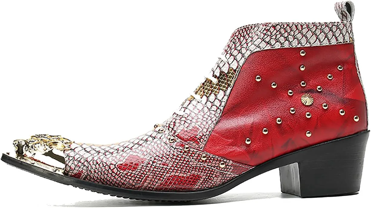 

Ботинки с низким голенищем Santimon Mens из натуральной кожи Oxford с золотым драконьим носком и тиснением под змеиную кожу с заклепками - прочные, но изысканные, для загородных баров, клубов и рок-вечеринок, красный