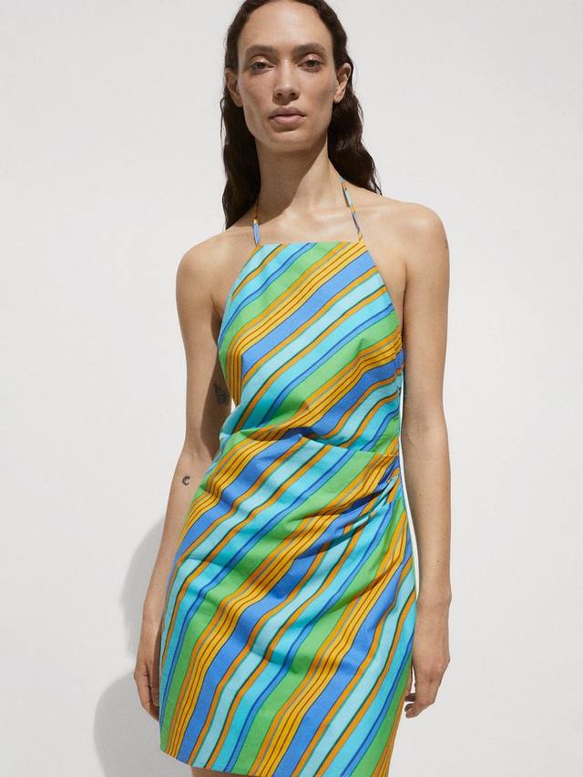 

Хлопчатобумажное мини-платье в полоску с высоким воротом Mango, цвет Medium Blue