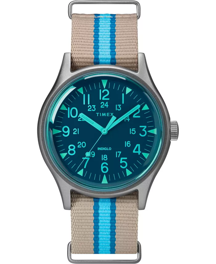 

Часы Timex MK1 из алюминия California 40 мм с коричневым ремешком и синими полосками Timex Boutique, коричневый/бежевый