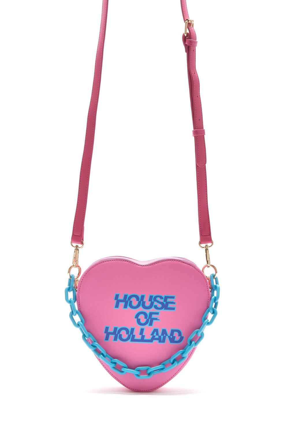 Розовая сумка через плечо в форме сердца с цепочкой и принтом логотипа House of Holland, розовый — фото 2